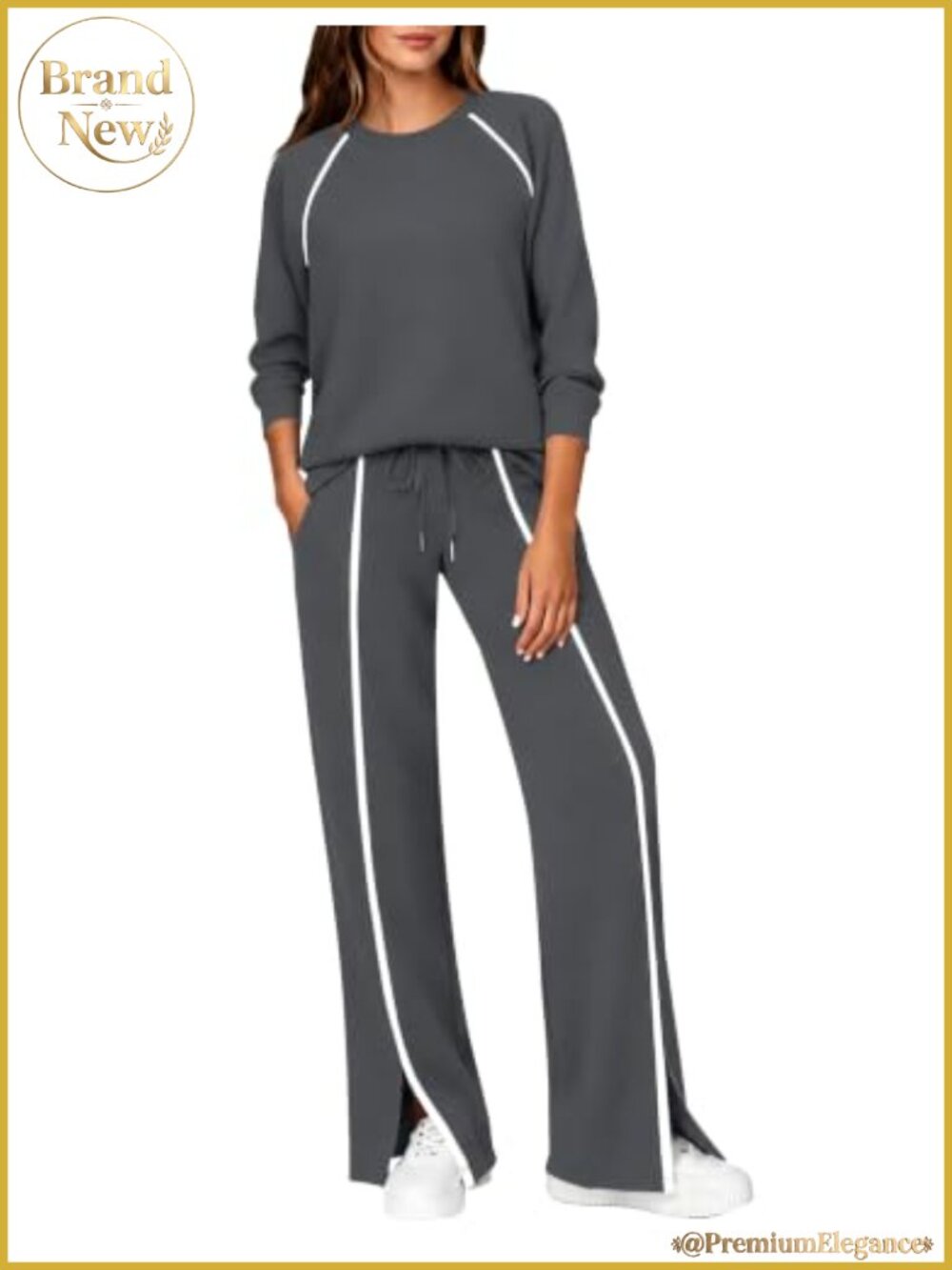 2 Piece Lounge Set Wide Leg Pants Crew Neck Raglan Sleeve Tencel Blend